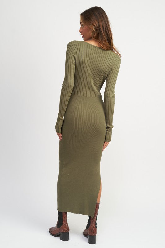V-Neck Ribbed Midi Dress