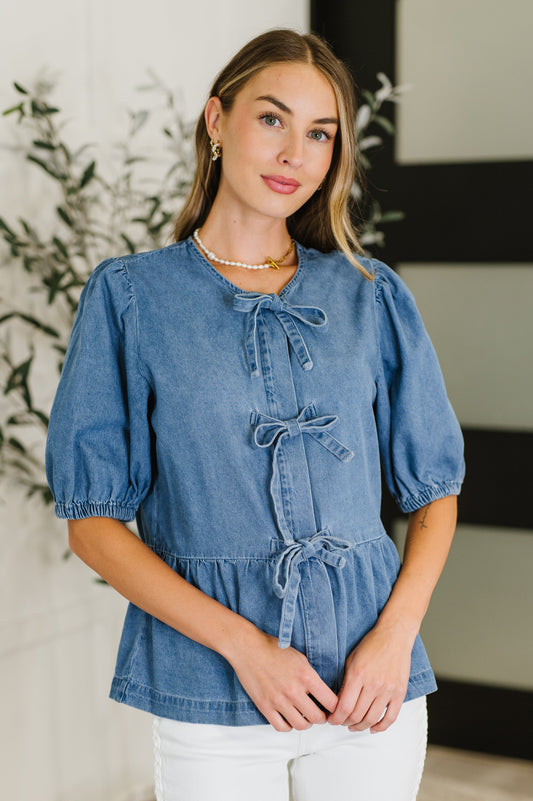 PREORDER: Balloon Sleeve Chambray Bow Blouse