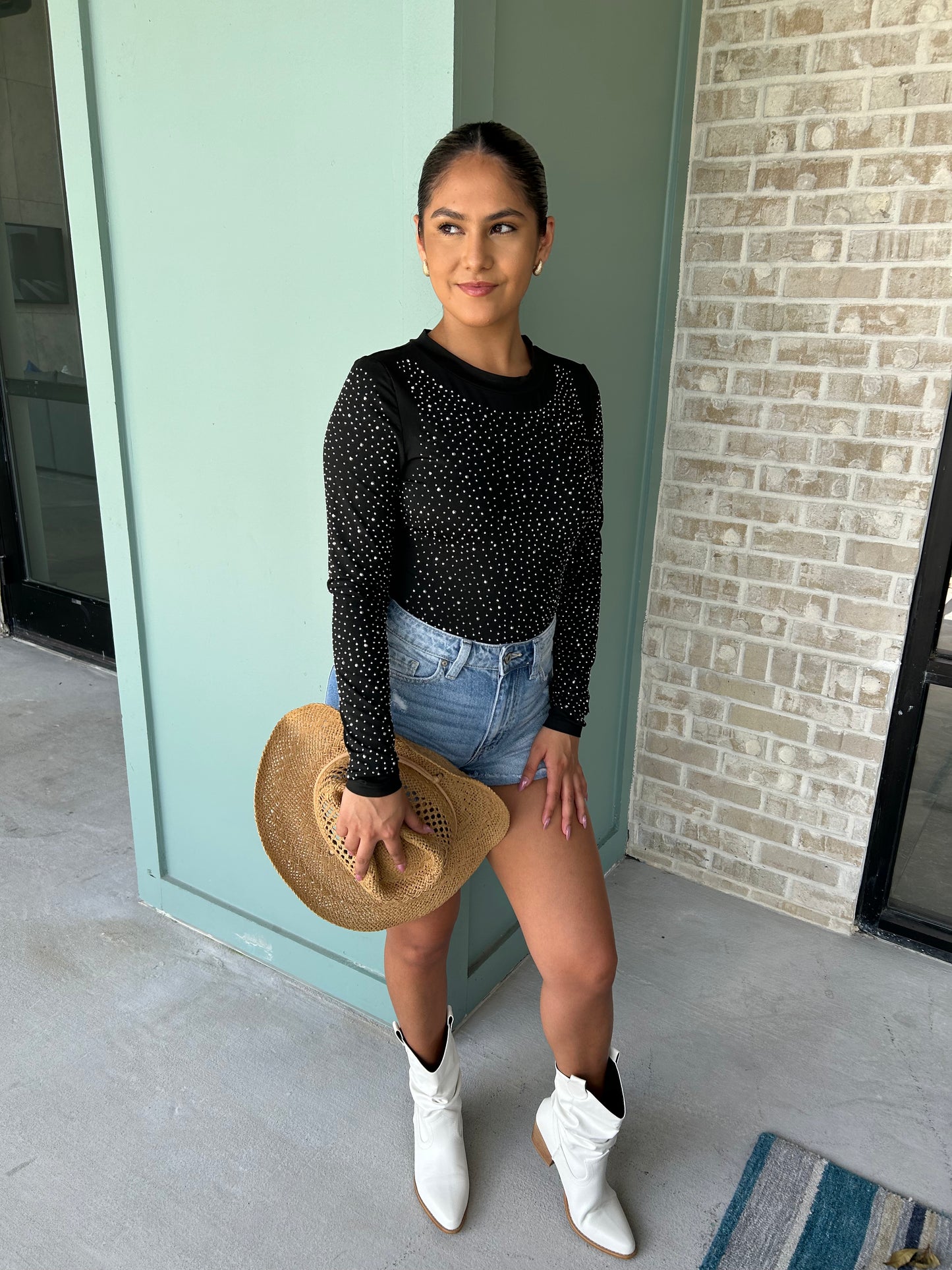 Rhinestone Round Neck Long Sleeve Bodysuit