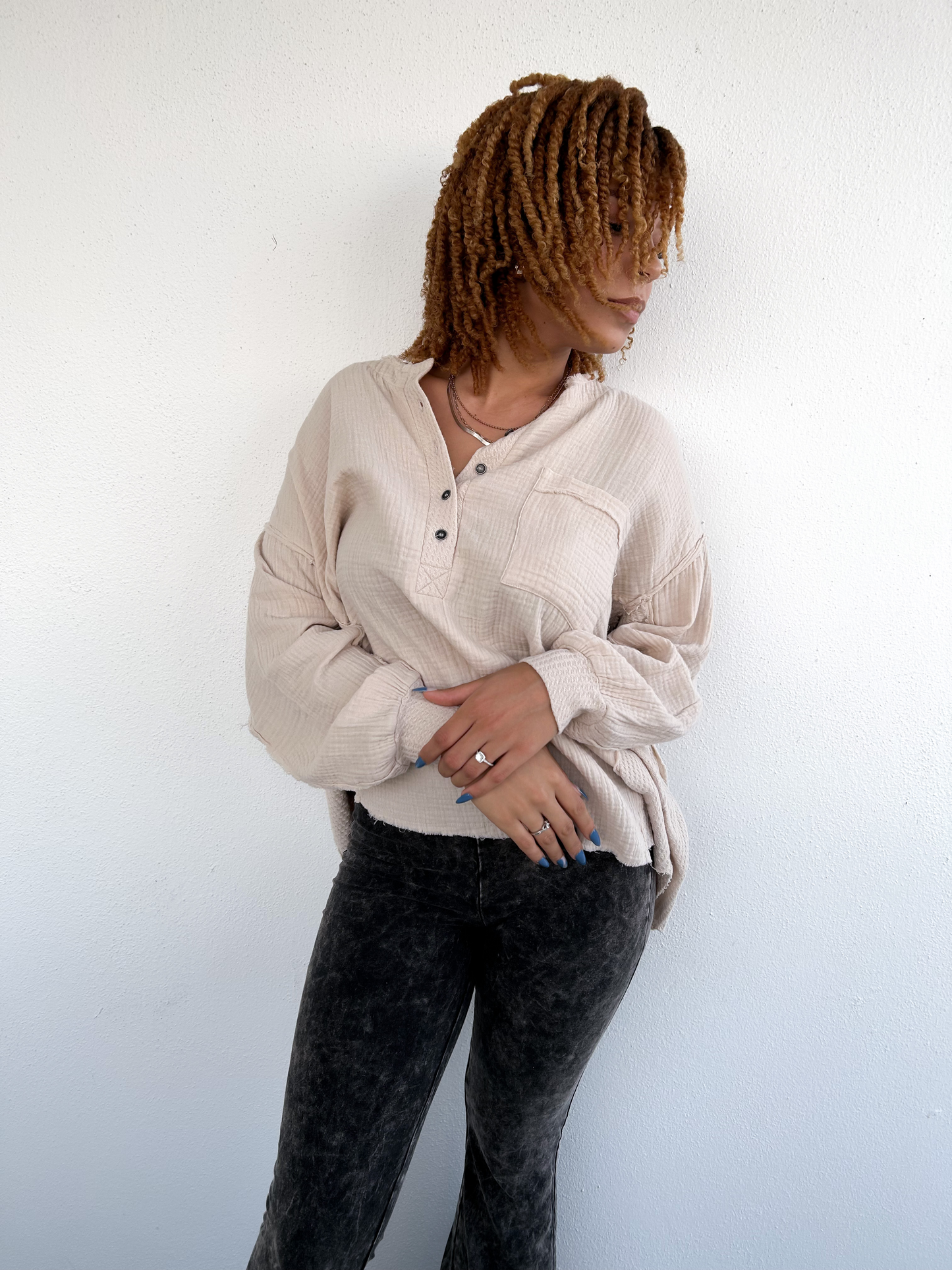 Double Gauze Oversized 3/4 Button Henley Neck Top