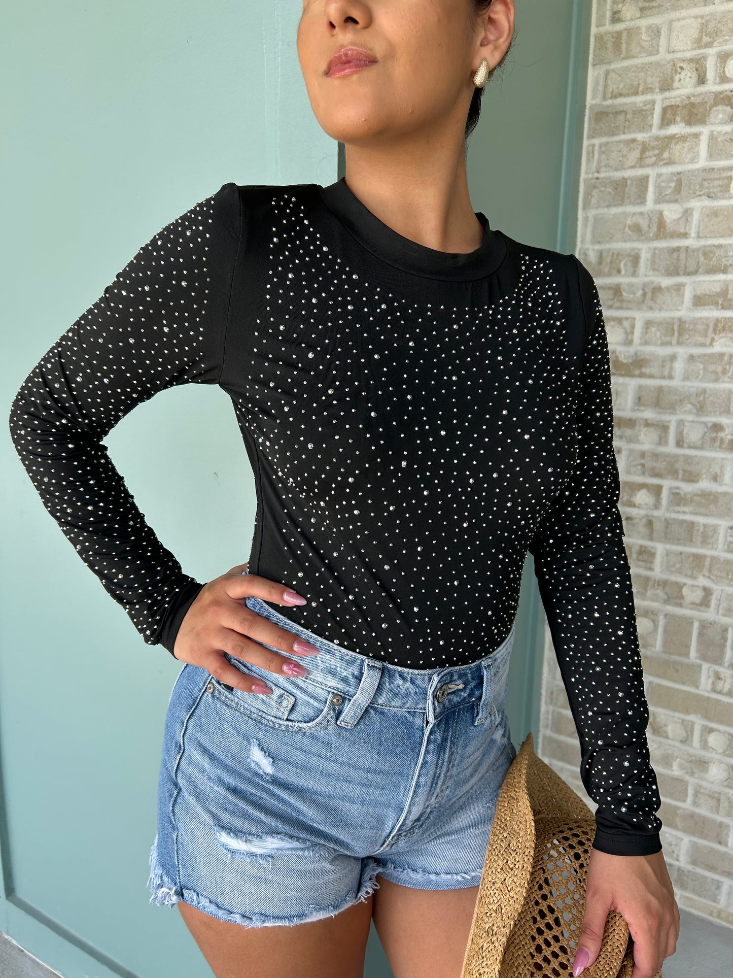 Rhinestone Round Neck Long Sleeve Bodysuit