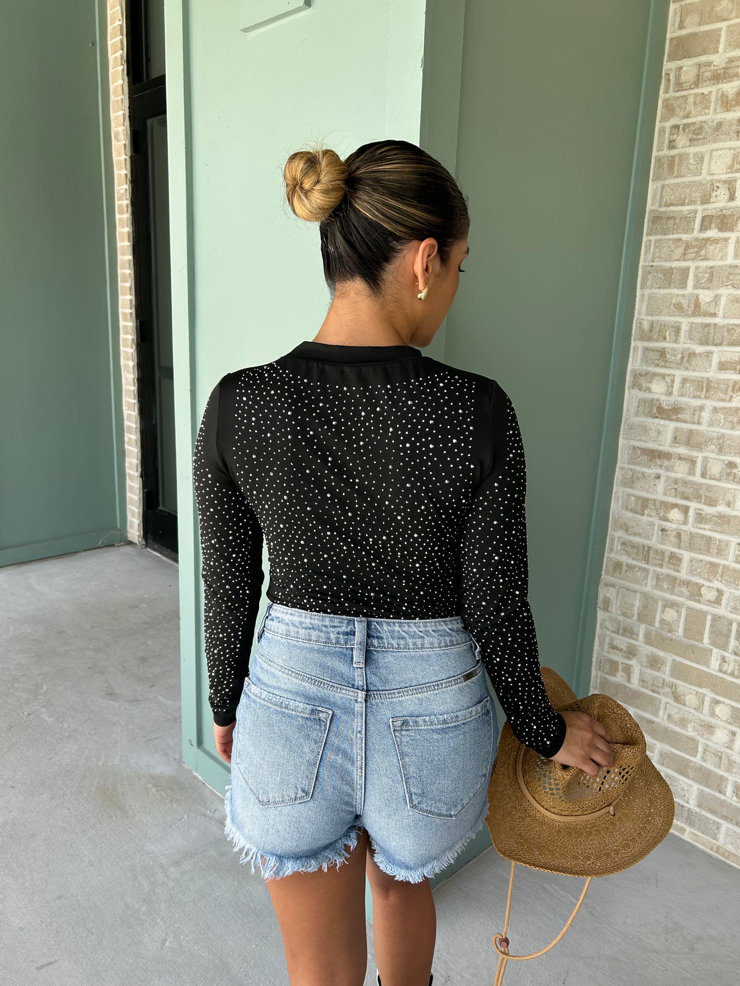 Rhinestone Round Neck Long Sleeve Bodysuit