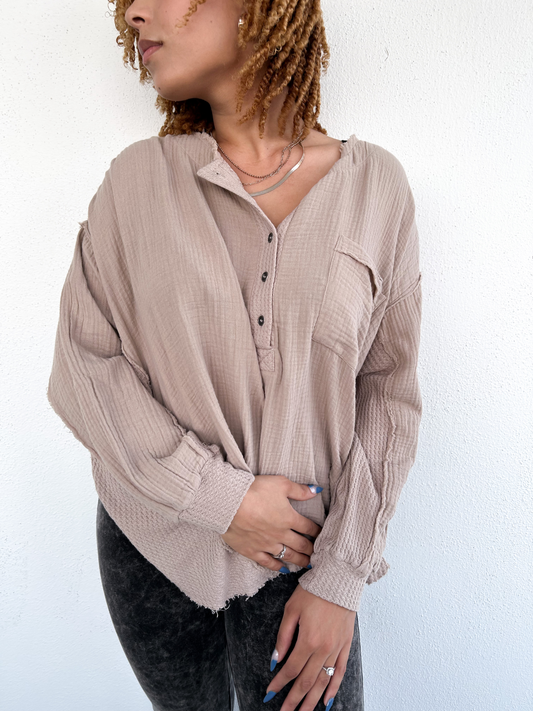Double Gauze Oversized 3/4 Button Henley Neck Top