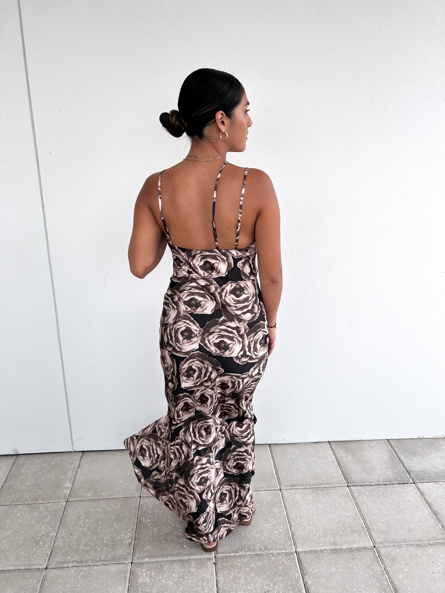 Asymmetrical Neck Floral Maxi Dress