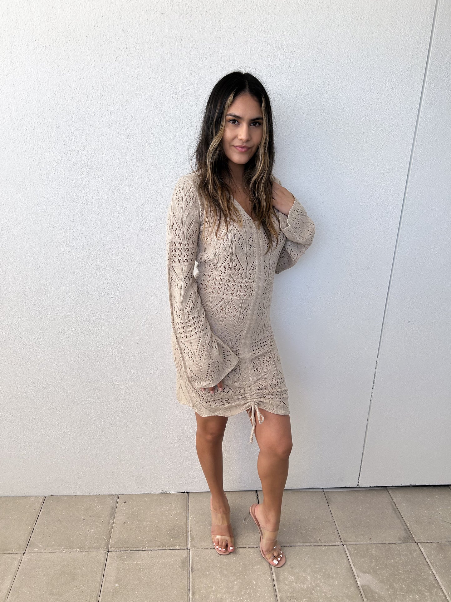 Ruched Crochet Mini Dress