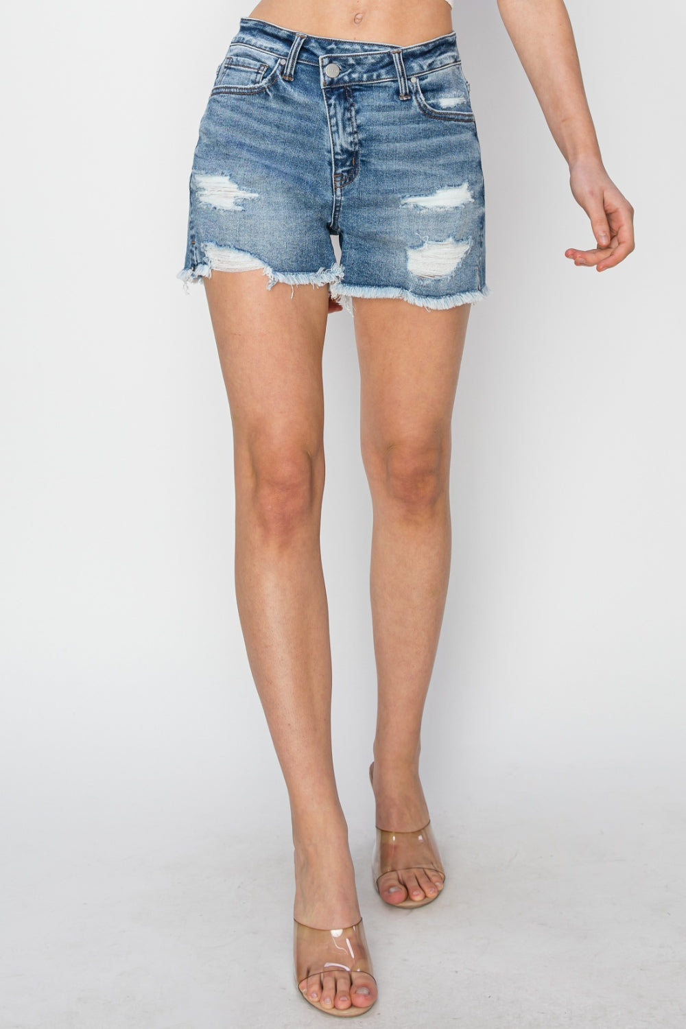 Crossover Stepped Waist Frayed Denim Shorts