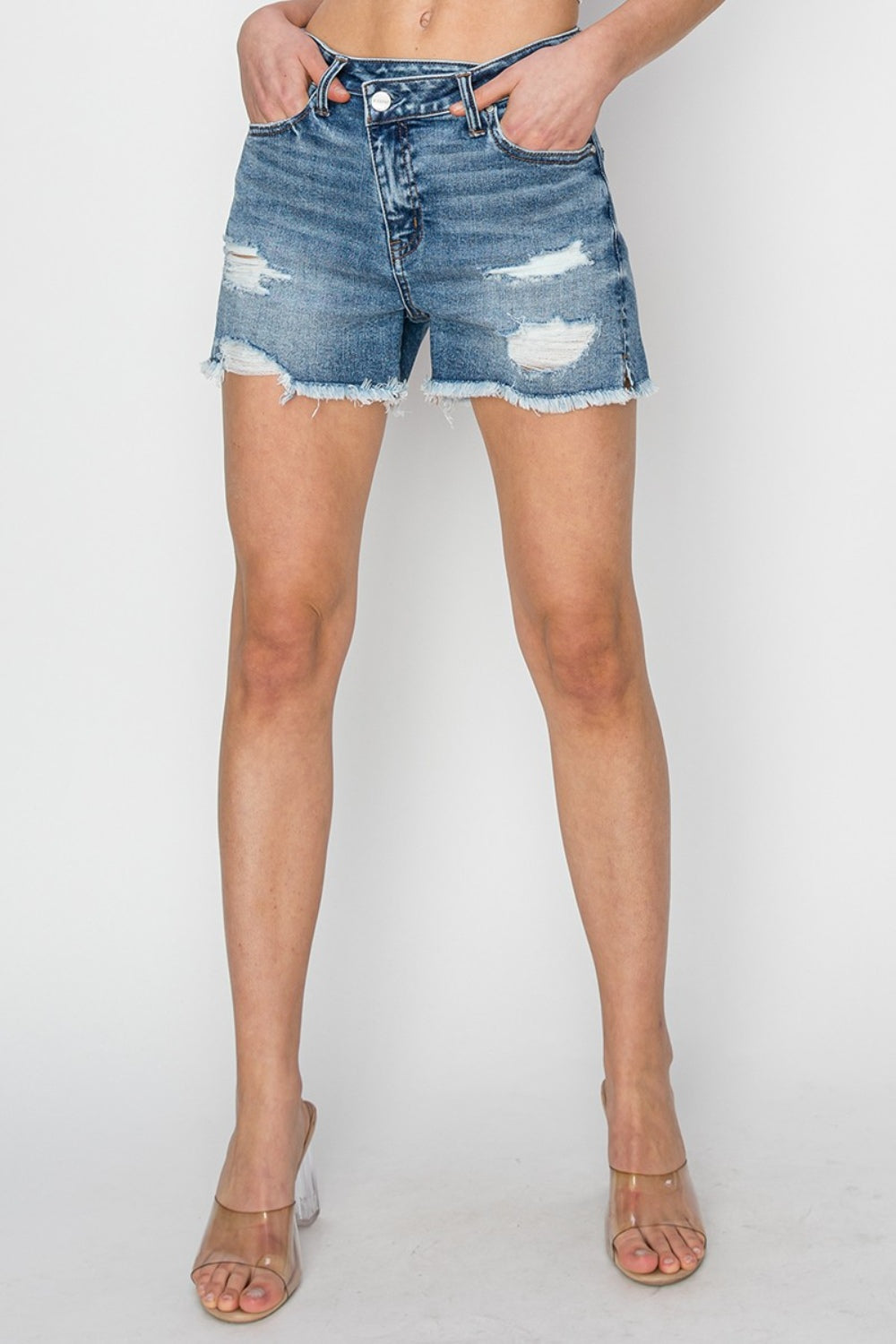 Crossover Stepped Waist Frayed Denim Shorts