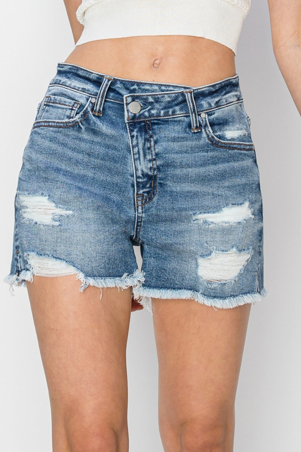 Crossover Stepped Waist Frayed Denim Shorts