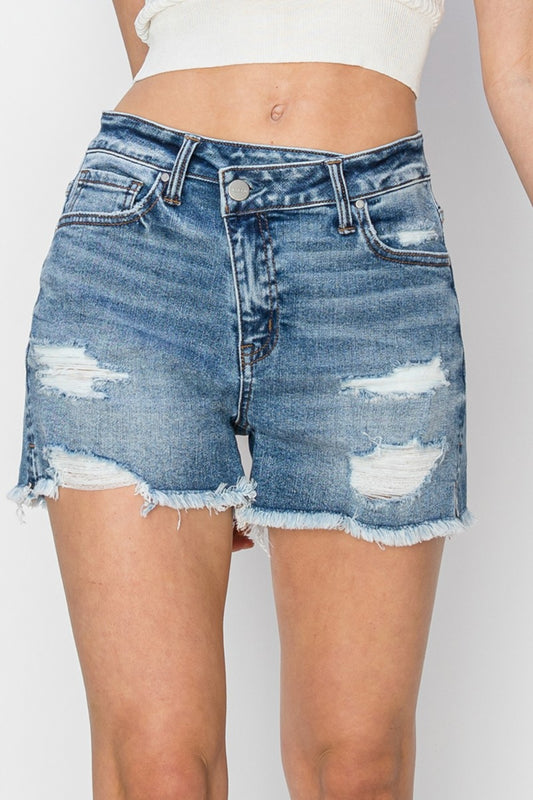 Crossover Stepped Waist Frayed Denim Shorts