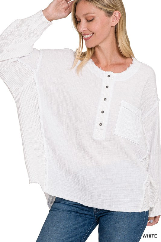 Double Gauze Oversized 3/4 Button Henley Neck Top