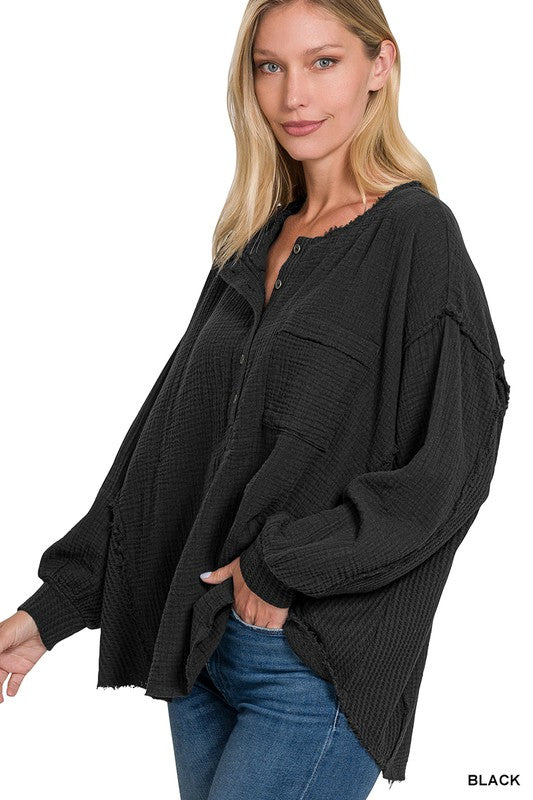 Double Gauze Oversized 3/4 Button Henley Neck Top