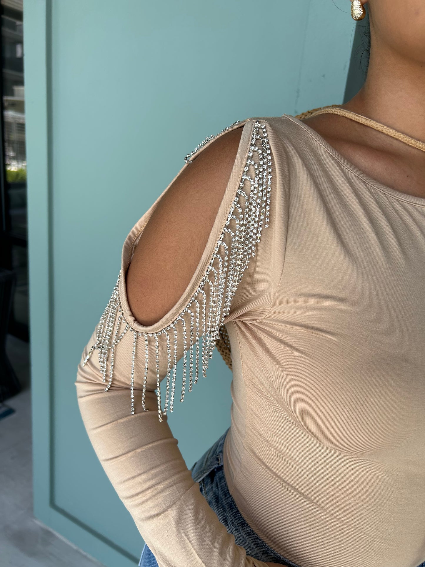 Cold Shoulder Rhinestone Fringe Bodysuit