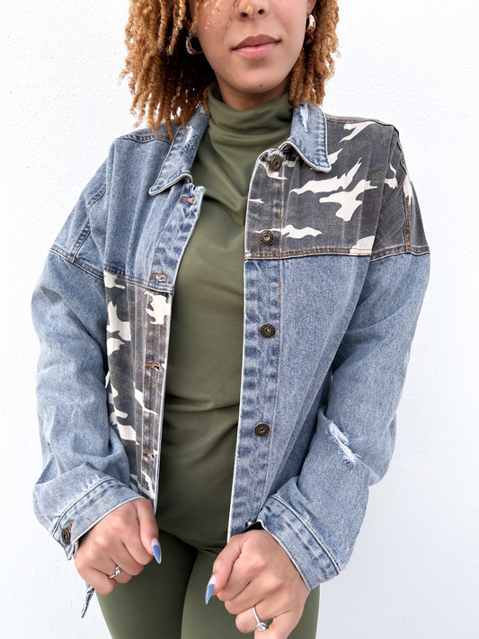 Washed Denim Camo Contrast Jacket