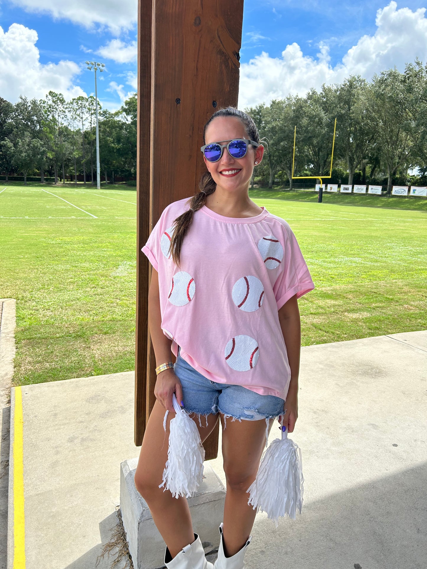 Sequin Baseball Short Sleeve T-Shirt in Pink