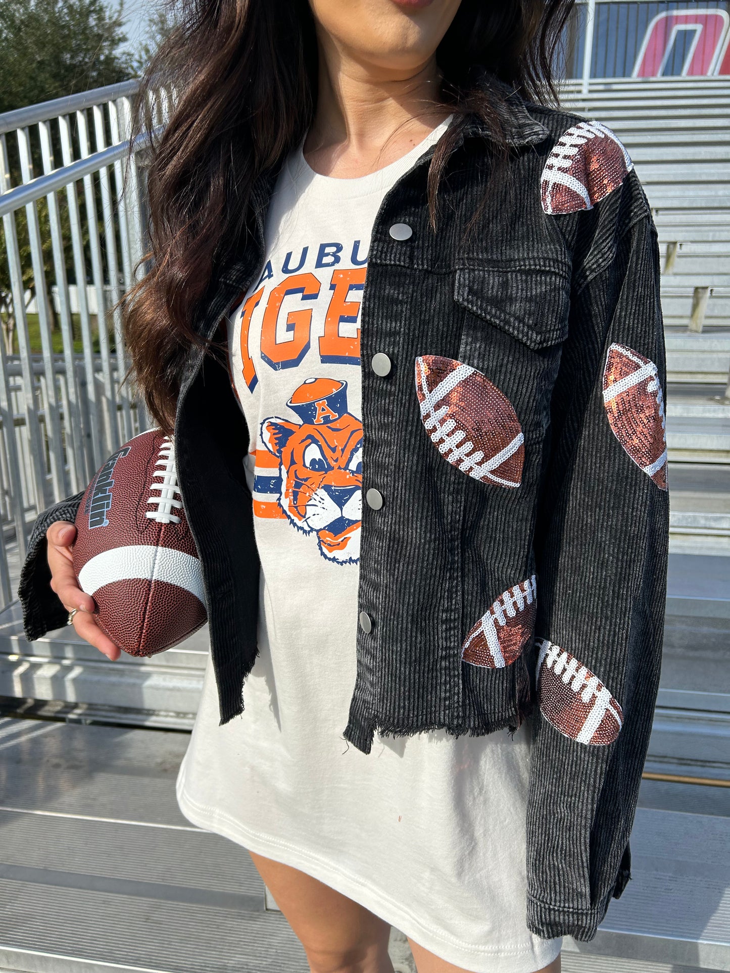 Football Sequin Raw Hem Collared Neck Jacket