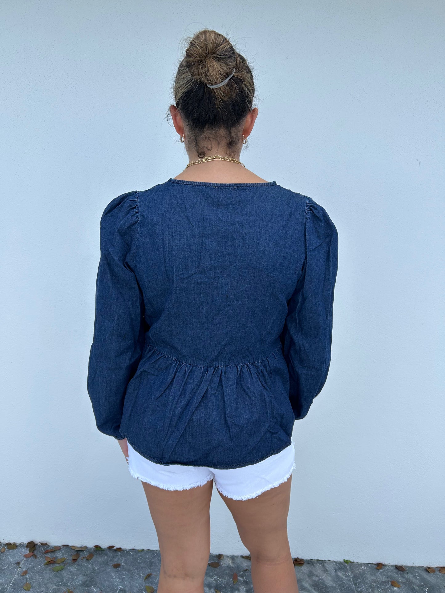 Tie Front Peplum Long Sleeve Denim Top