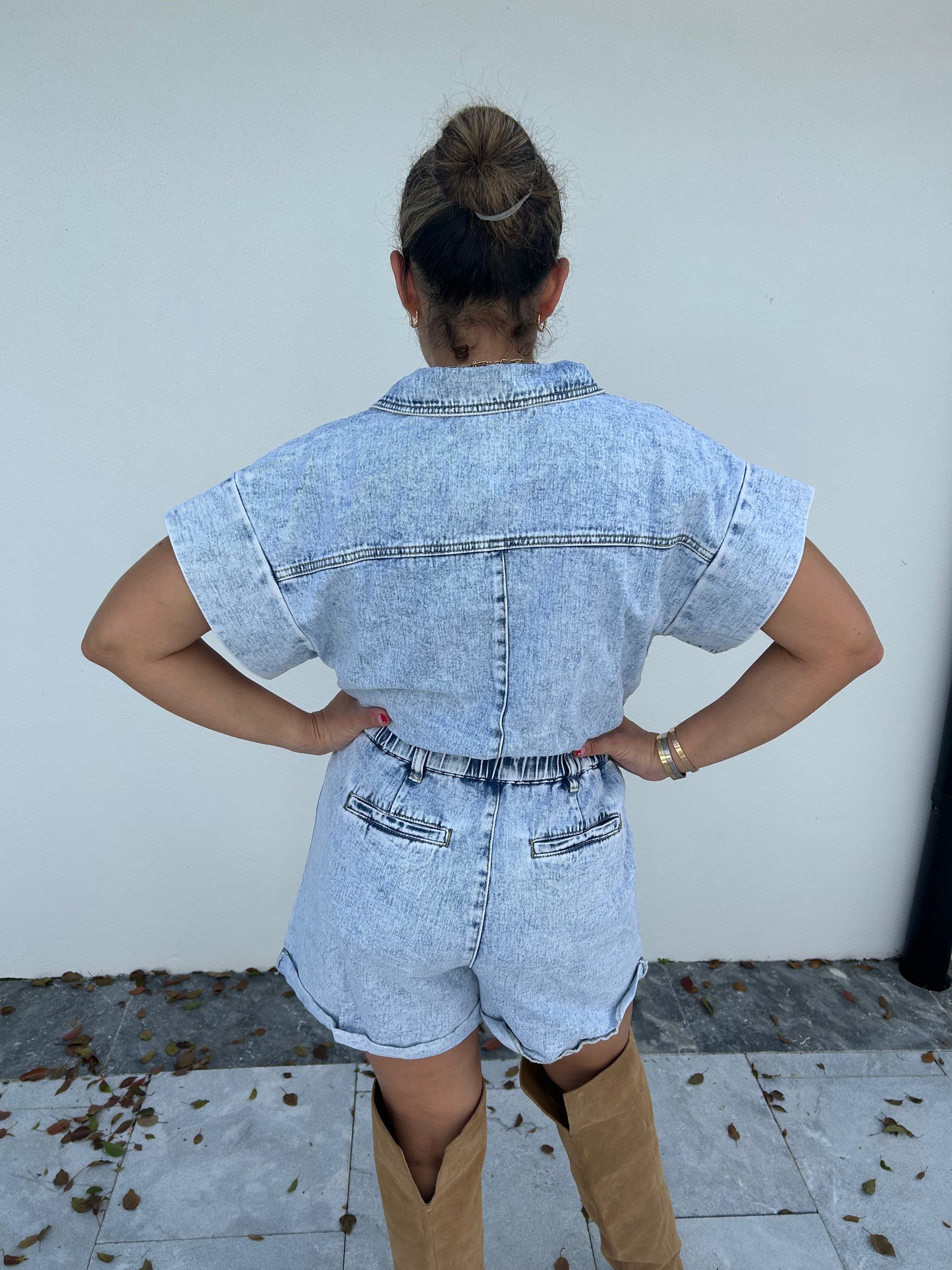 Giddy Up Elastic Waistband Short Sleeve Denim Romper