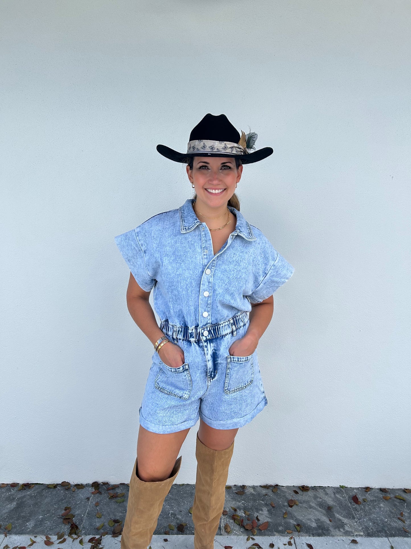 Giddy Up Elastic Waistband Short Sleeve Denim Romper