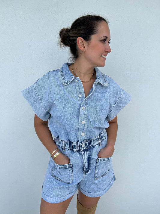 Giddy Up Elastic Waistband Short Sleeve Denim Romper