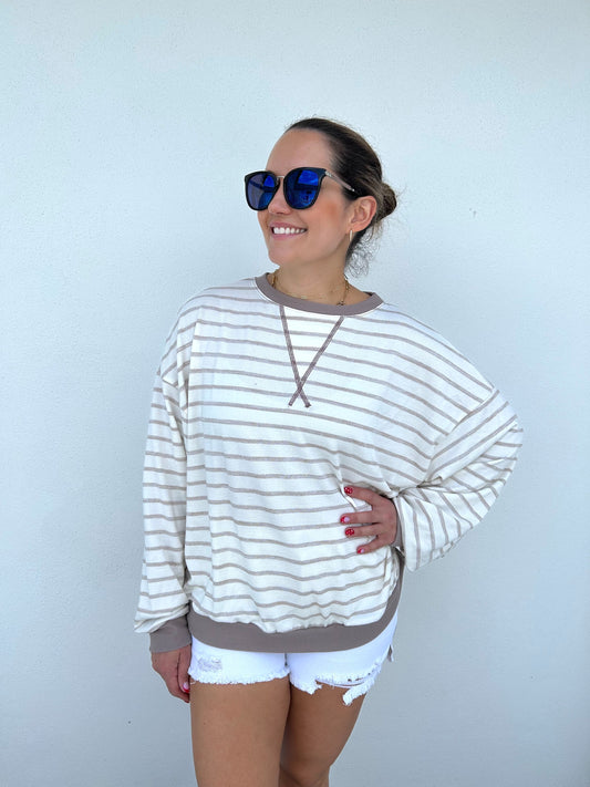 Striped Round Neck Drop Shoulder Sweatshirt In Taupe