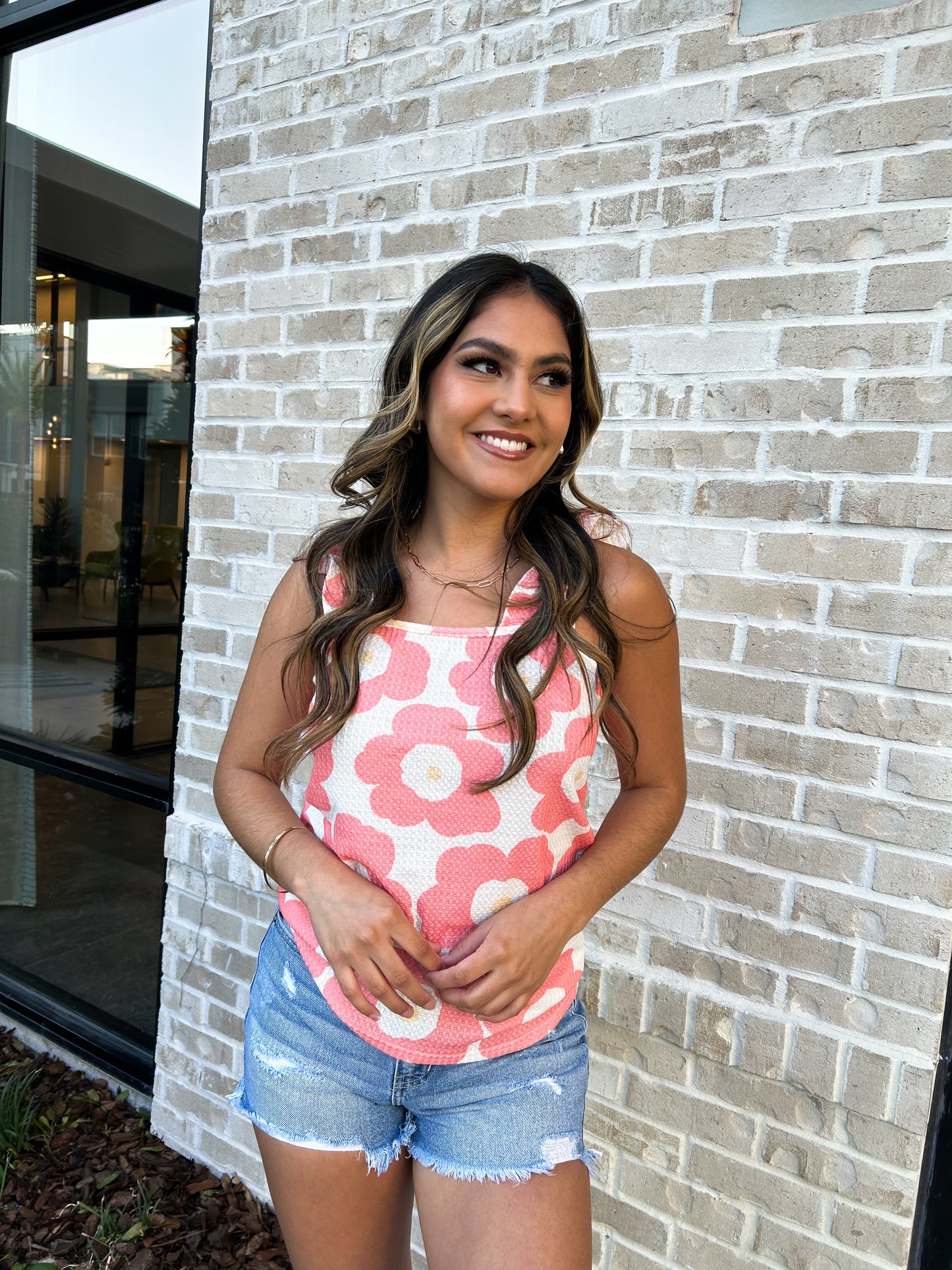 Floral Waffle Ruffled Tank In Coral