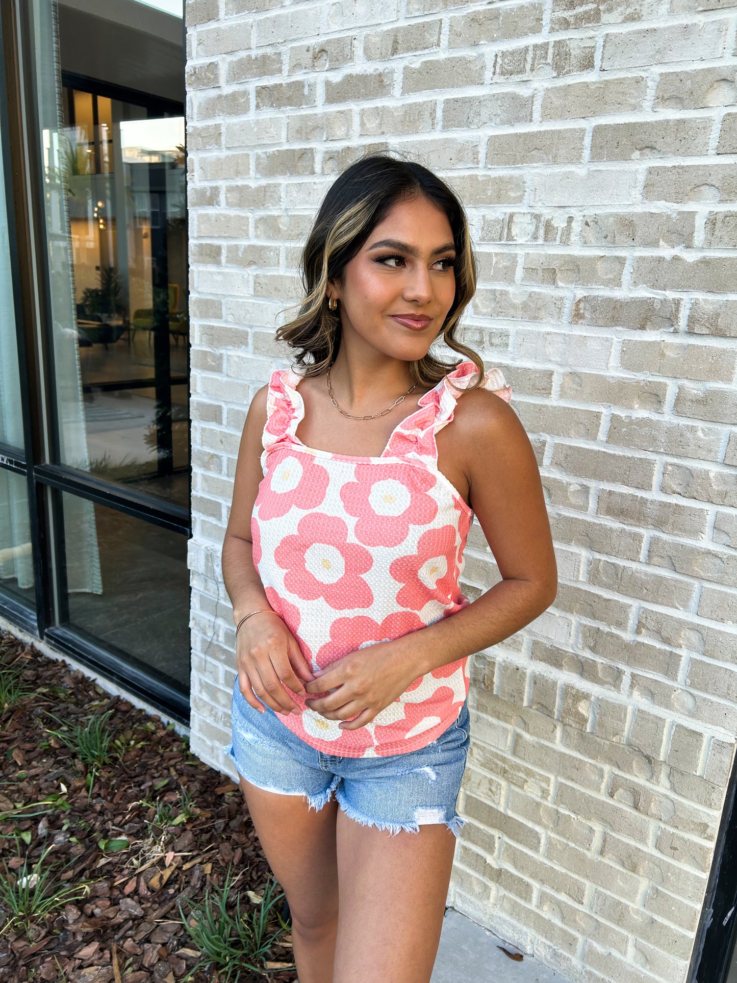 Floral Waffle Ruffled Tank In Coral