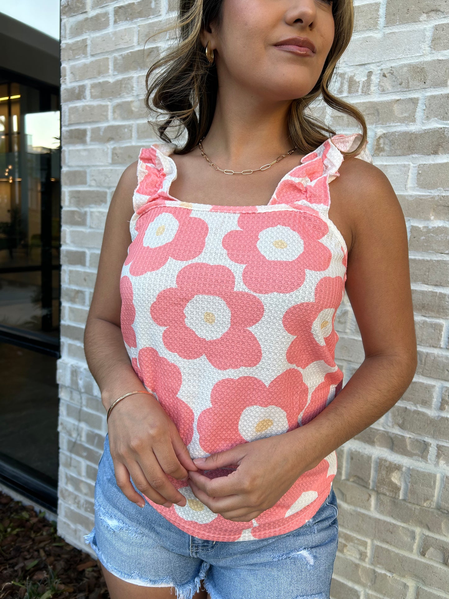 Floral Waffle Ruffled Tank In Coral