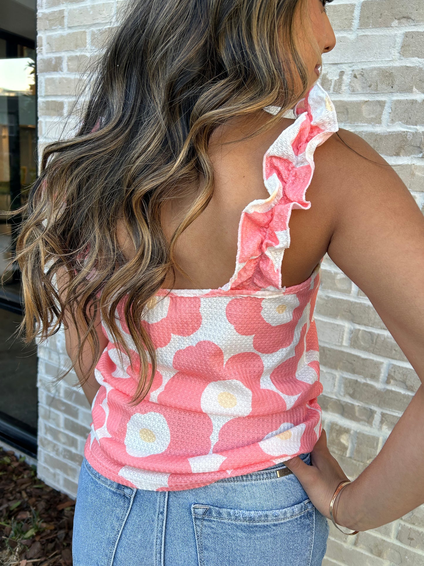 Floral Waffle Ruffled Tank In Coral