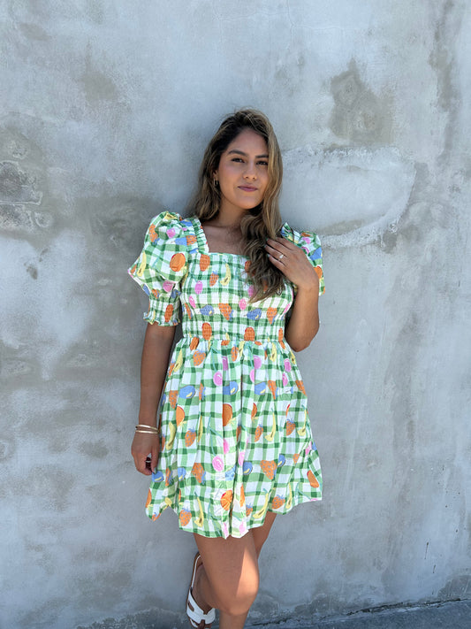 Fruits Printed Smocking Mini Dress