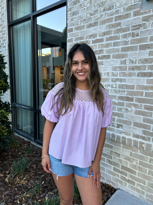 Crochet Contrast Bubble Sleeve Blouse In Lavender