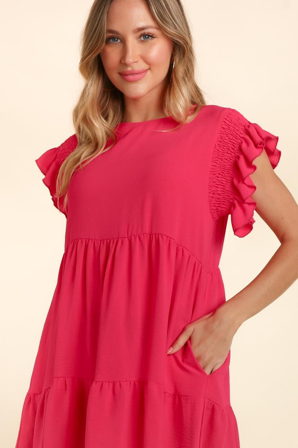 Smocking Ruffle Short Sleeve Dress with Pockets