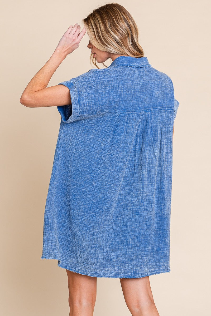 Mineral Washed Gauze Mini Dress In Blue