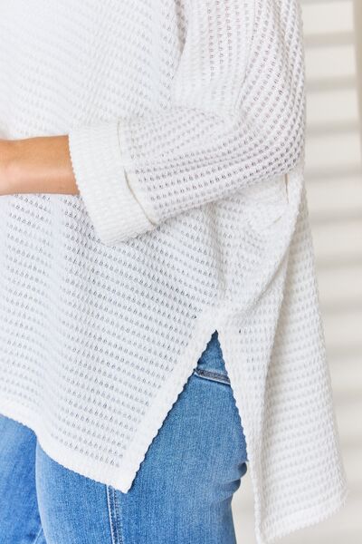 Waffle Knit V-Neck Long Sleeve Slit Top